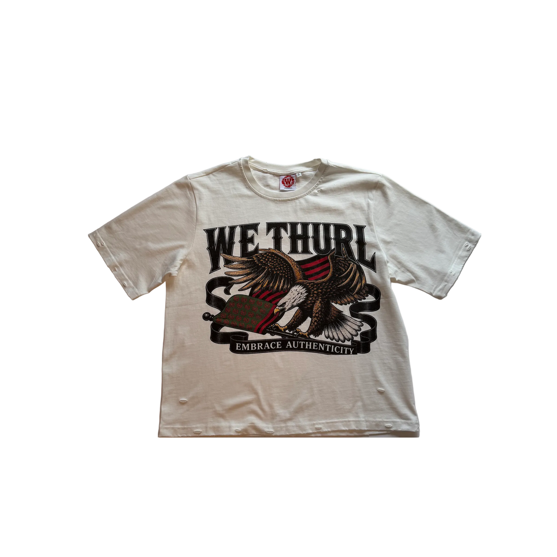 A vintage off-white short-sleeve graphic t-shirt featuring screen print on the front and hand stitched tag logo on the back.