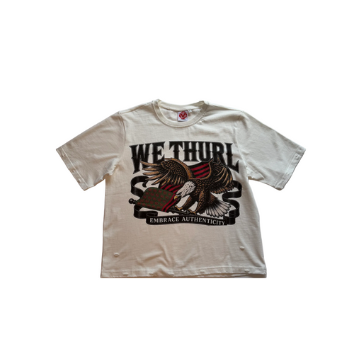 A vintage off-white short-sleeve graphic t-shirt featuring screen print on the front and hand stitched tag logo on the back.